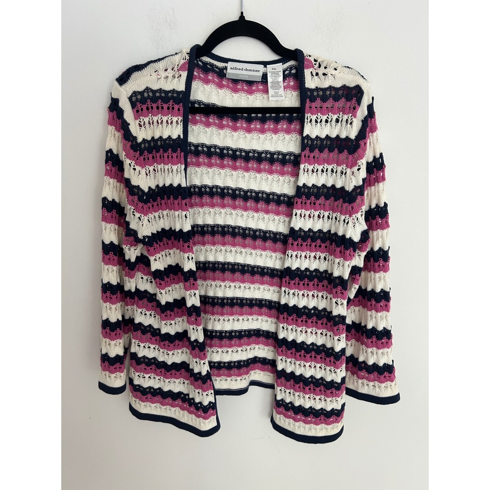 Alfred Dunner Petite XL Cardigan Navy Pink White Striped Open Knit Pointelle PXL